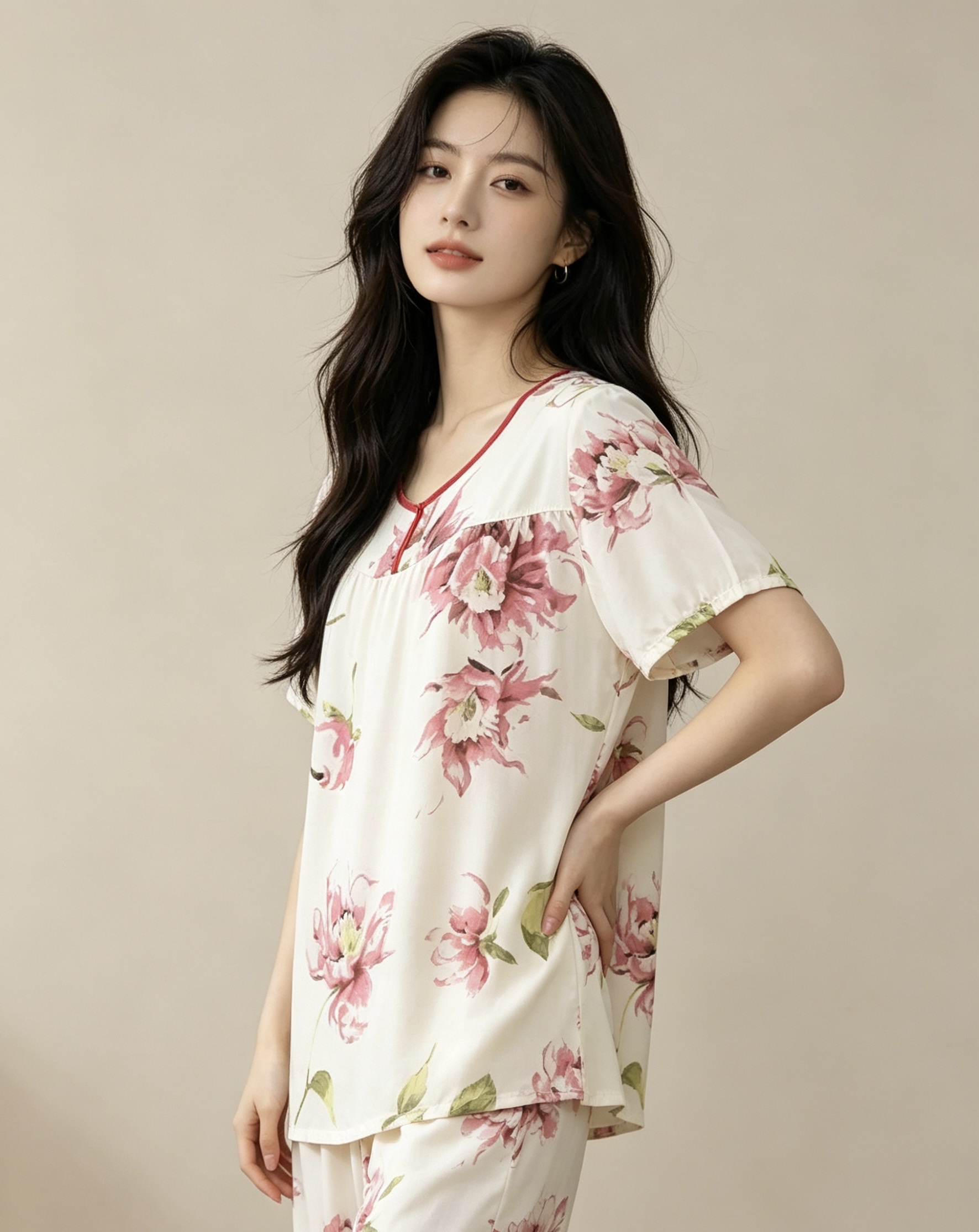 花卉图案女士家居服睡衣套装居家舒适睡衣女夏产品图