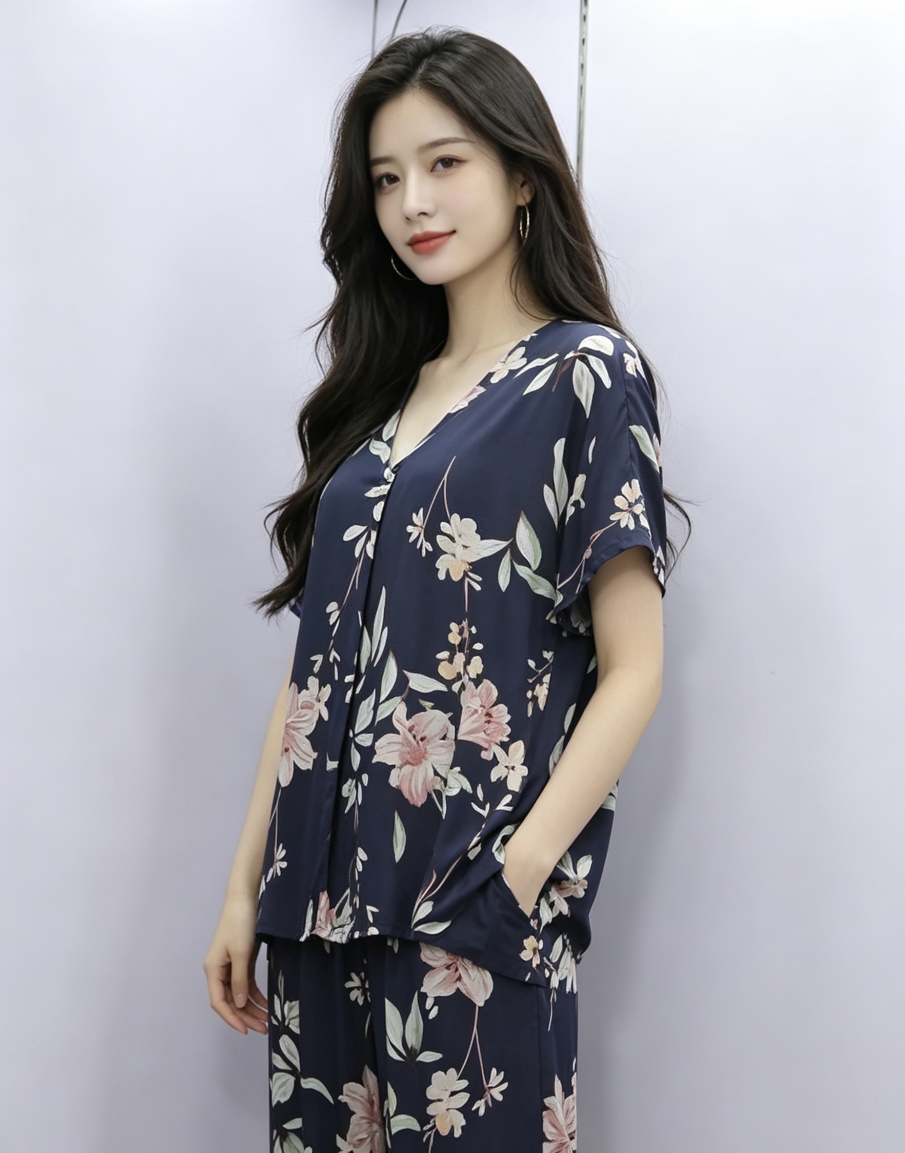 Dark blue floral pattern women's pajama set details Picture