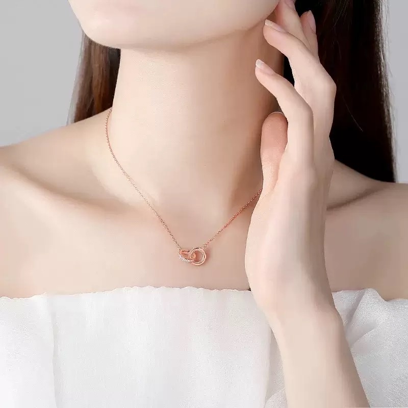 S925 Sterling Silver Interlocking Necklace For Women, European And American Fashion Style, Unique Collarbone Chain, Double Ring Pendant Specification drawing