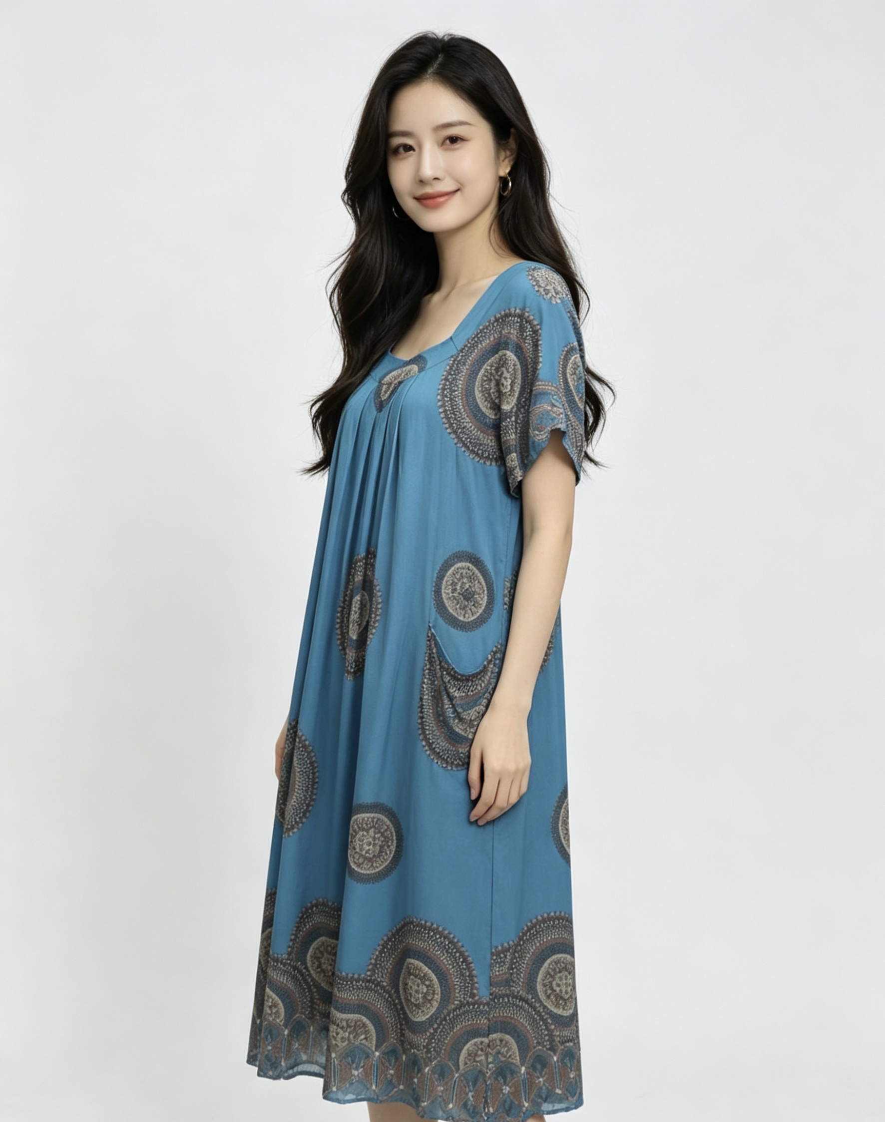蓝色印花长裙女士家居服长裙展示连衣裙春夏新款修身显瘦连衣裙细节图