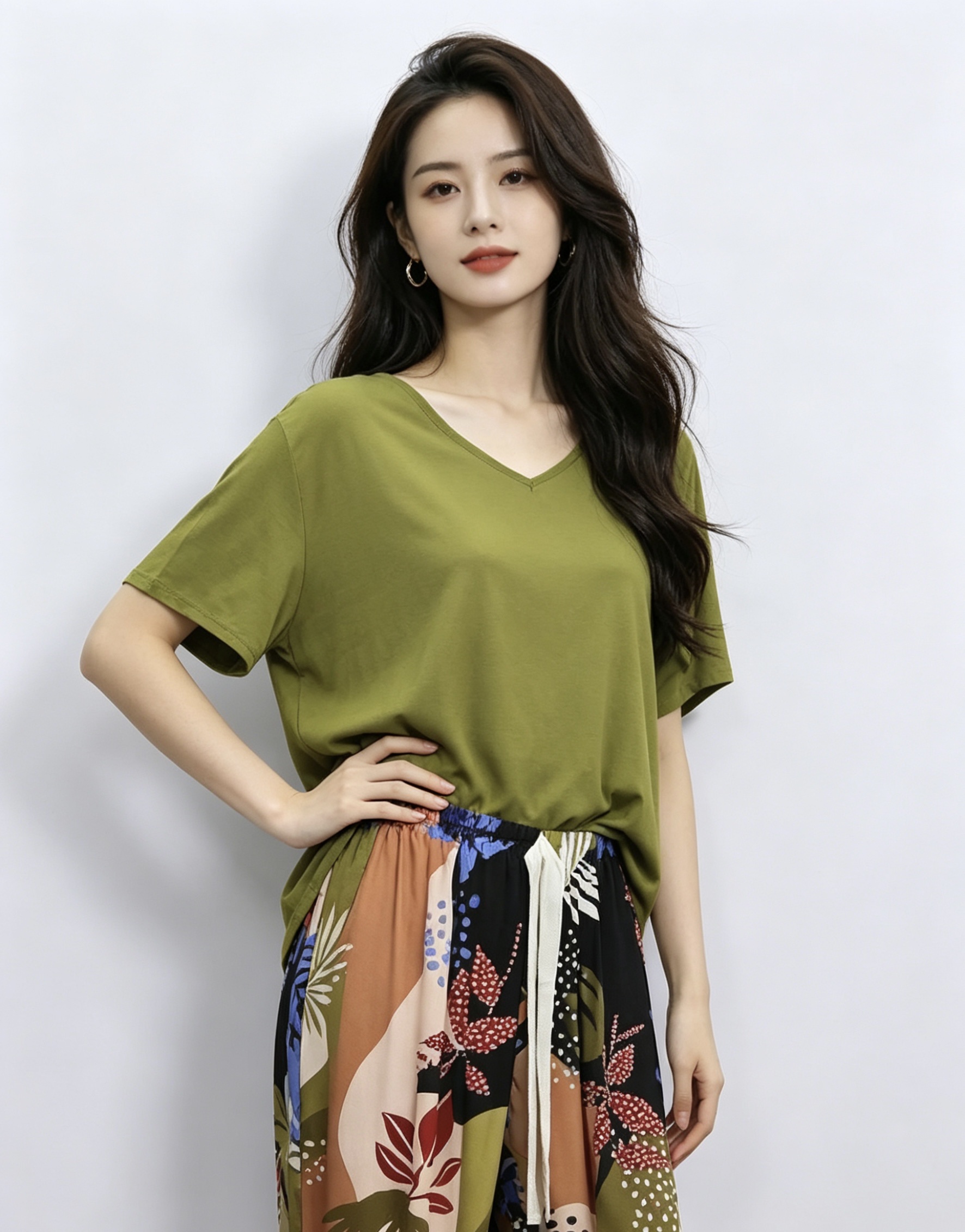 Green printed wide-leg pants paired with women's suits create a fresh and fashionable look. Women's summer home wear pajamas and pajama pants Application Scenario