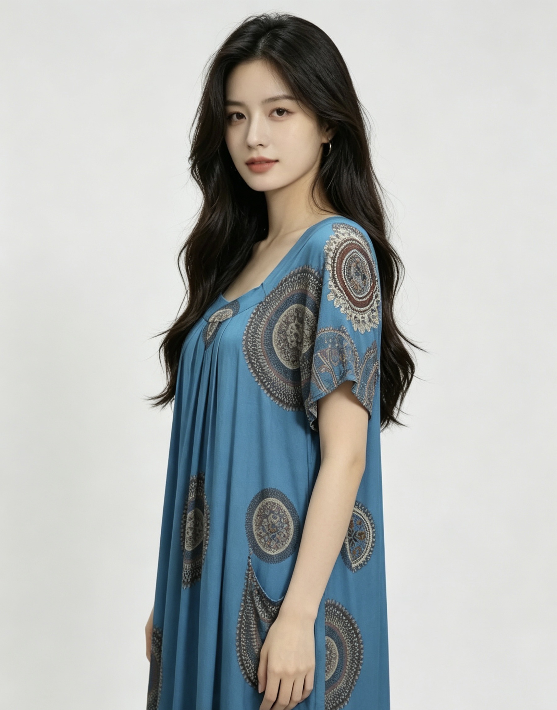 蓝色印花长裙女士家居服长裙展示连衣裙春夏新款修身显瘦连衣裙产品图