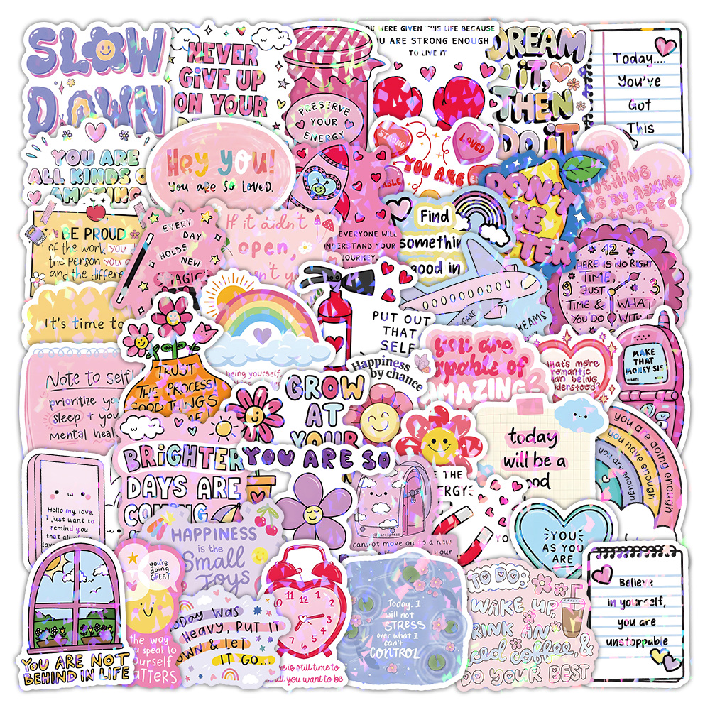 Cute text quotations, aesthetic cartoon cute planner materials, decorative stationery stickers, 50 stickers, mobile phone stickers, mobile phone back cover stickers, small stickers, cross-border stickers