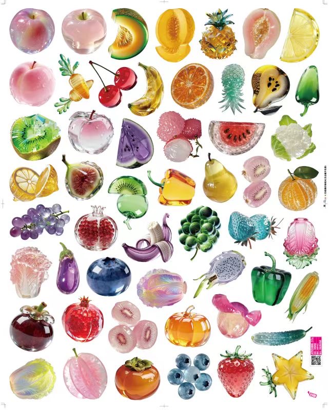 Glass fruit cartoon cute planner materials, decorative stationery stickers, 50 stickers, mobile phone stickers, mobile phone back cover stickers, cross-border stickers details Picture