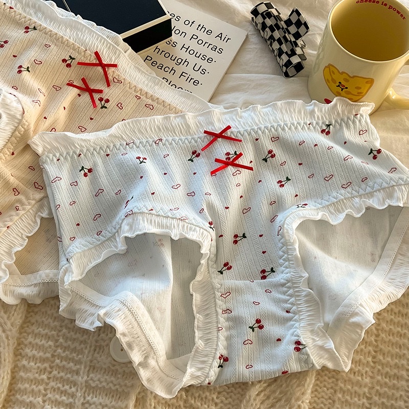 Cute cherry white lace-trimmed underwear, breathable, comfortable, soft and close-fitting women's underwear details Picture