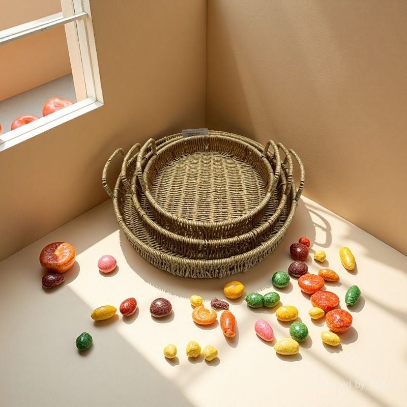 Rattan-like woven round fruit pull plate, bread basket, household multi-functional storage basket, supermarket gift packaging basket, storage basket, plastic rattan woven round straight pull ear basket, snack plate pic 6