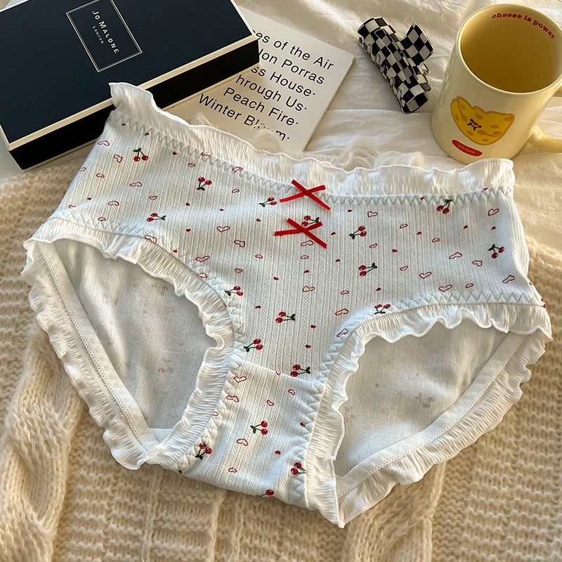 Cute cherry white lace-trimmed underwear, breathable, comfortable, soft and close-fitting women's underwear Specification image