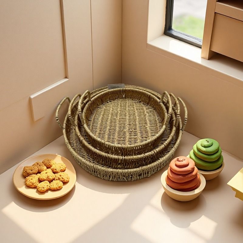 Rattan-like woven round fruit pull plate, bread basket, household multi-functional storage basket, supermarket gift packaging basket, storage basket, plastic rattan woven round straight pull ear basket, snack plate pic 5