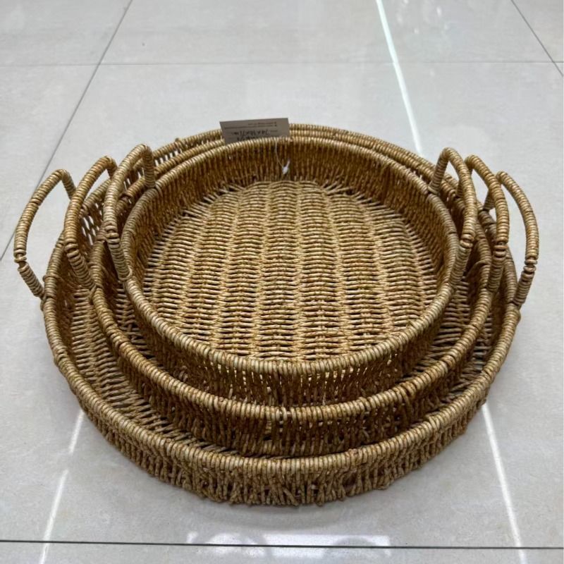 Rattan-like woven round fruit pull plate, bread basket, household multi-functional storage basket, supermarket gift packaging basket, storage basket, plastic rattan woven round straight pull ear basket, snack plate pic 2