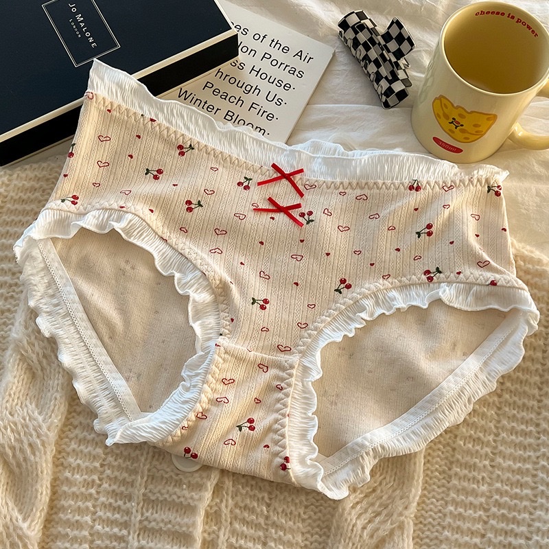 Cute cherry white lace-trimmed underwear, breathable, comfortable, soft and close-fitting women's underwear Item Picture