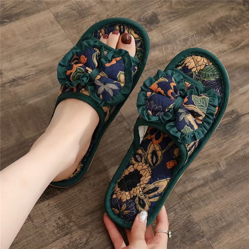 New Korean-style fabric slippers with bow, fashionable women's slippers, sweat-absorbing and breathable, indoor silent slippers, machine washable lazy slippers, versatile for home use, high-end with multiple colors to choose from detail image 2