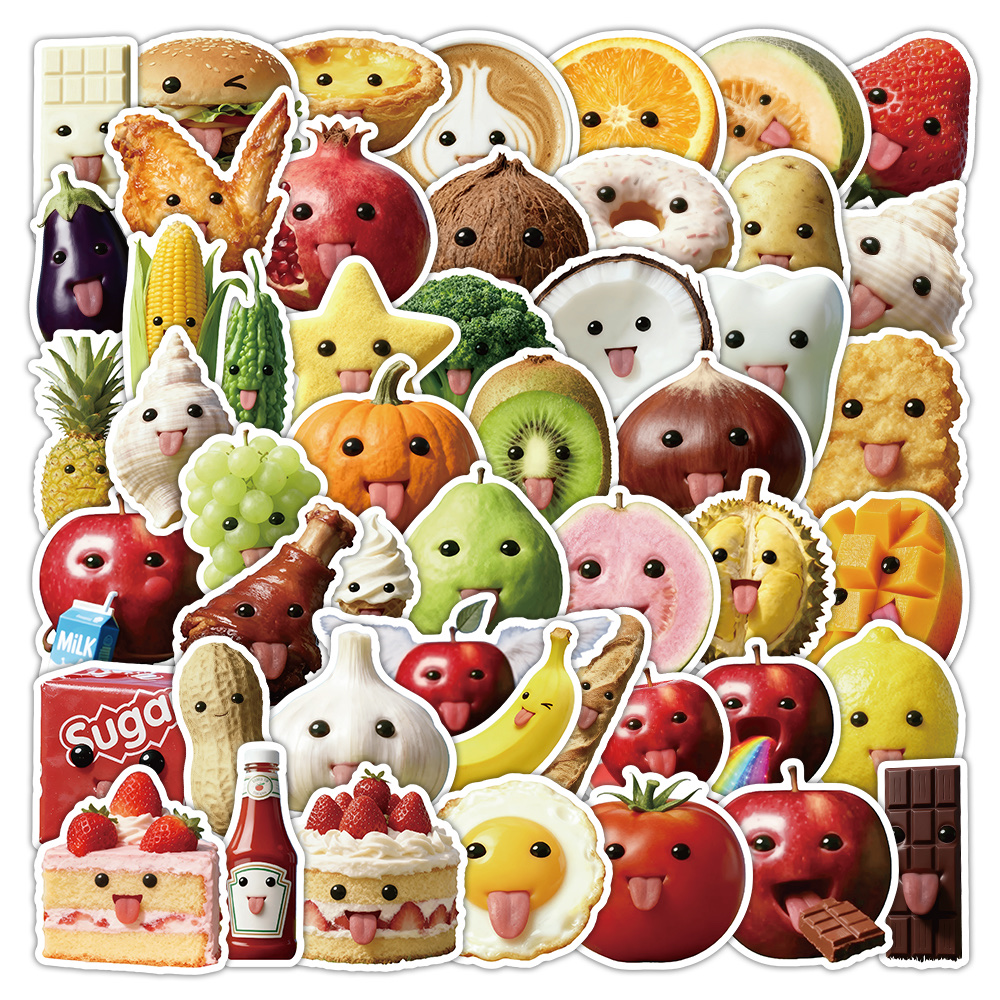 Abstract food and fruit cartoon, cute planner materials, decorative stationery, small stickers, 50 stickers, mobile phone stickers, mobile phone back cover stickers, cross-border stickers