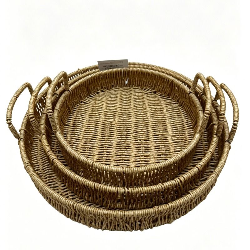 Rattan-like woven round fruit pull plate, bread basket, household multi-functional storage basket, supermarket gift packaging basket, storage basket, plastic rattan woven round straight pull ear basket, snack plate pic 3