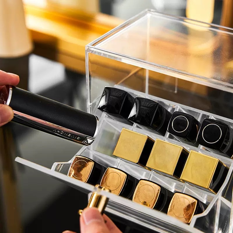 17-compartment golden buckle light luxury creative lipstick box, transparent makeup brush storage box, dressing table desktop dust-proof flip cover, compartmentalized storage rack Specification image