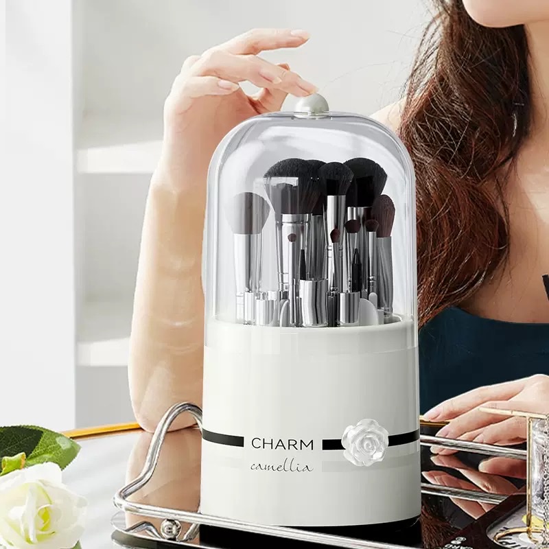 Camellia high-end makeup brush storage bucket, large-capacity lipstick shelf, dust-proof rotating cylinder, desktop cosmetics storage box detail image 4