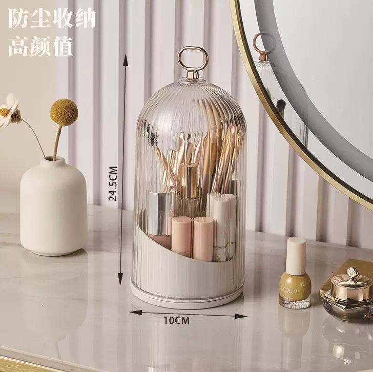 Cosmetics storage box, makeup brush storage bucket, plastic stationery rotating pen holder, large-capacity covered lipstick shelf Item Picture