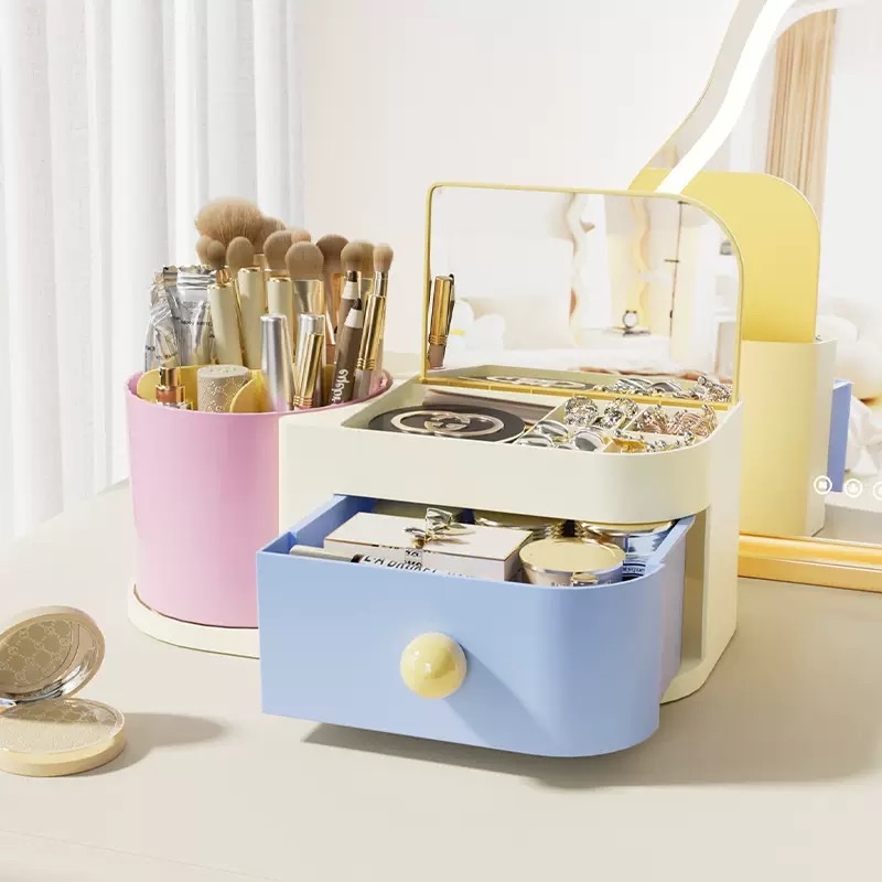 High-end color multi-functional storage box, flip mirror, rotating makeup storage box, student desk, creative and cute