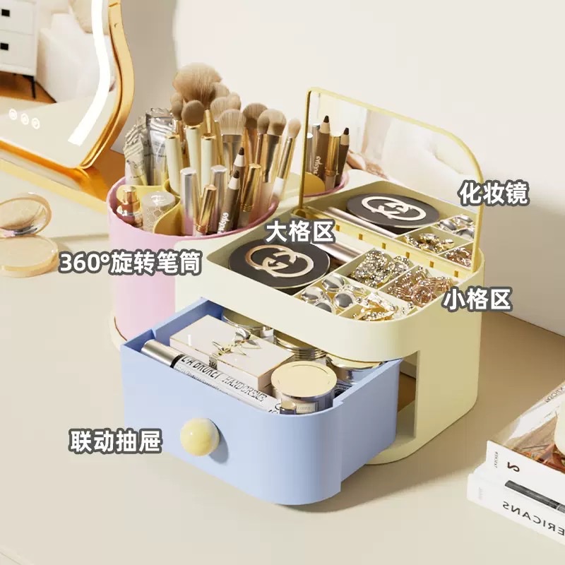 High-end color multi-functional storage box, flip mirror, rotating makeup storage box, student desk, creative and cute detail image 2