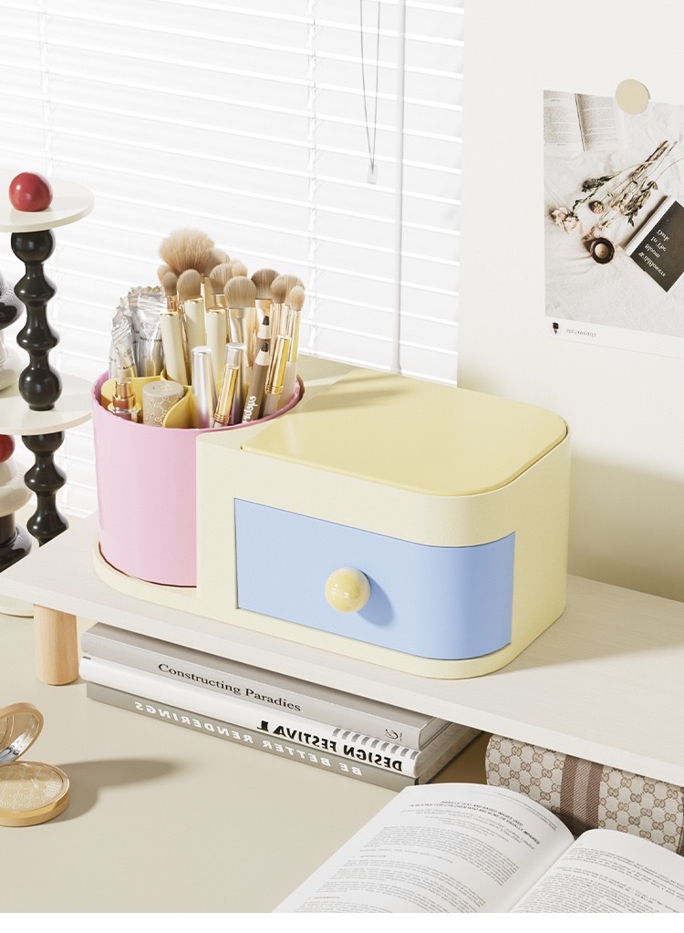 High-end color multi-functional storage box, flip mirror, rotating makeup storage box, student desk, creative and cute detail image 7