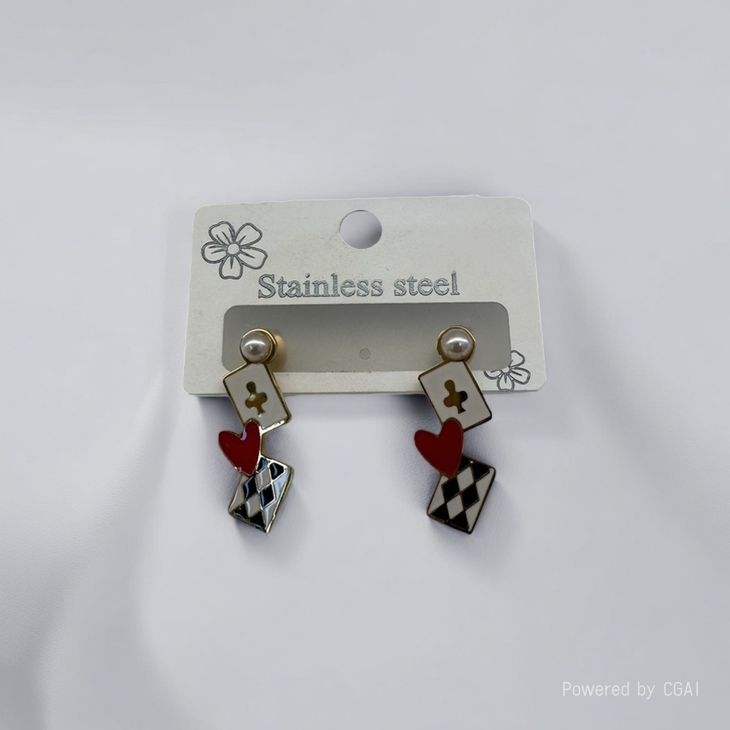 Cross-border bestseller stainless steel playing card stud earrings, fun Alice in Wonderland earrings, asymmetrical heart-shaped diamond-shaped pearl earrings, sweet, cool and versatile accessories for girls Item Picture