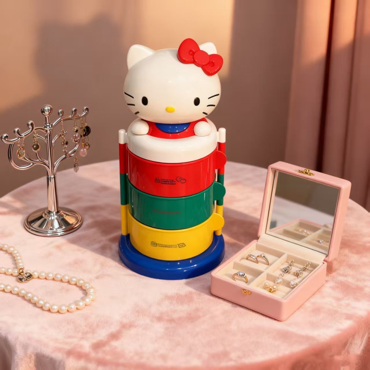Large-sized high-quality cartoon cat storage box with a three-layer rotating opening for kt jewelry box and dressing table storage detail image 4
