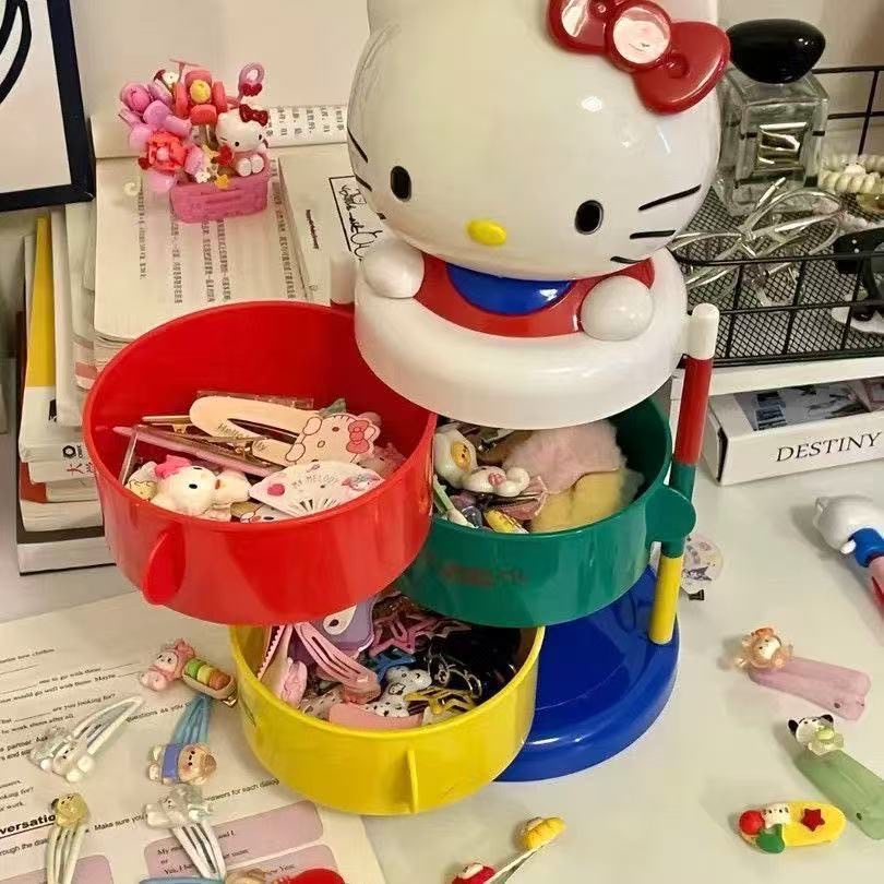 Large-sized high-quality cartoon cat storage box with a three-layer rotating opening for kt jewelry box and dressing table storage detail image 3