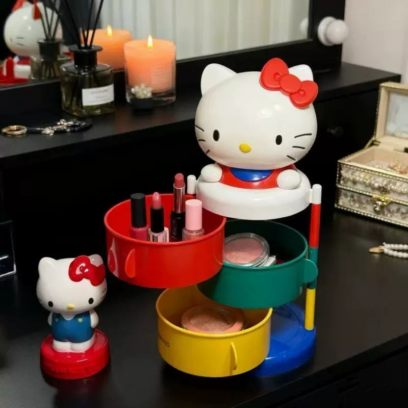 Large-sized high-quality cartoon cat storage box with a three-layer rotating opening for kt jewelry box and dressing table storage Specification image