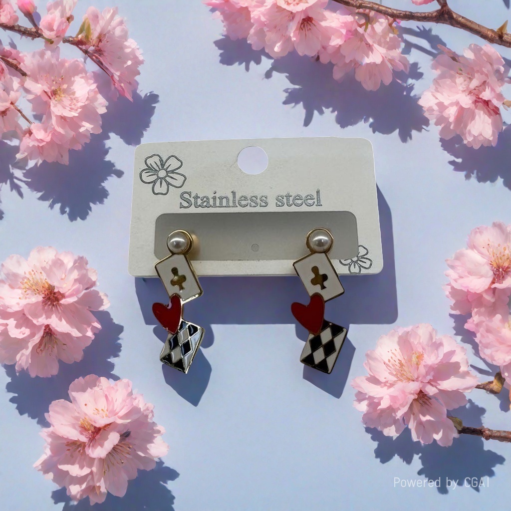Cross-border bestseller stainless steel playing card stud earrings, fun Alice in Wonderland earrings, asymmetrical heart-shaped diamond-shaped pearl earrings, sweet, cool and versatile accessories for girls Specification image