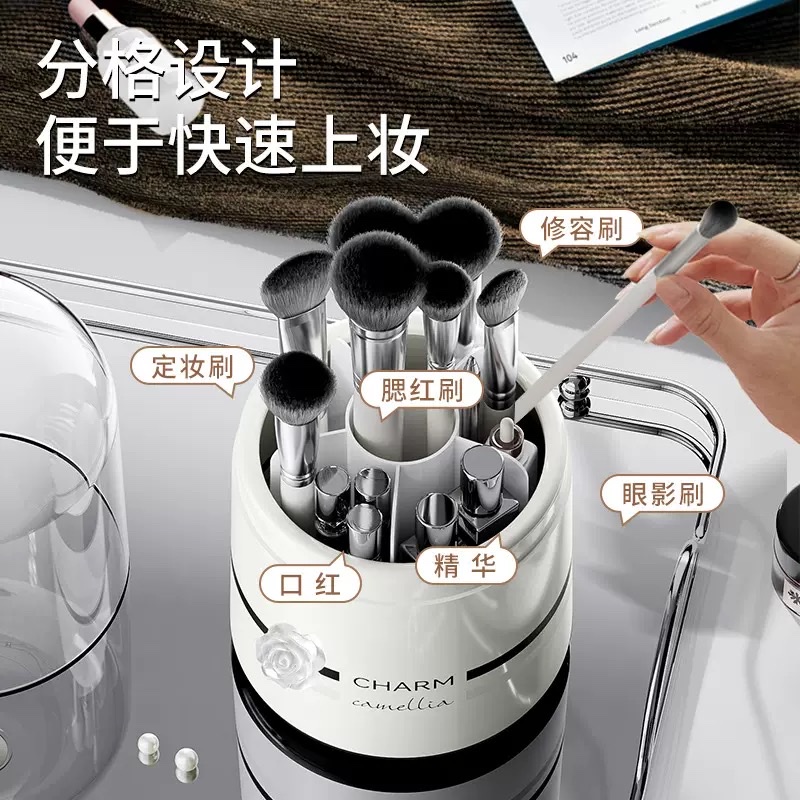 Camellia high-end makeup brush storage bucket, large-capacity lipstick shelf, dust-proof rotating cylinder, desktop cosmetics storage box detail image 2