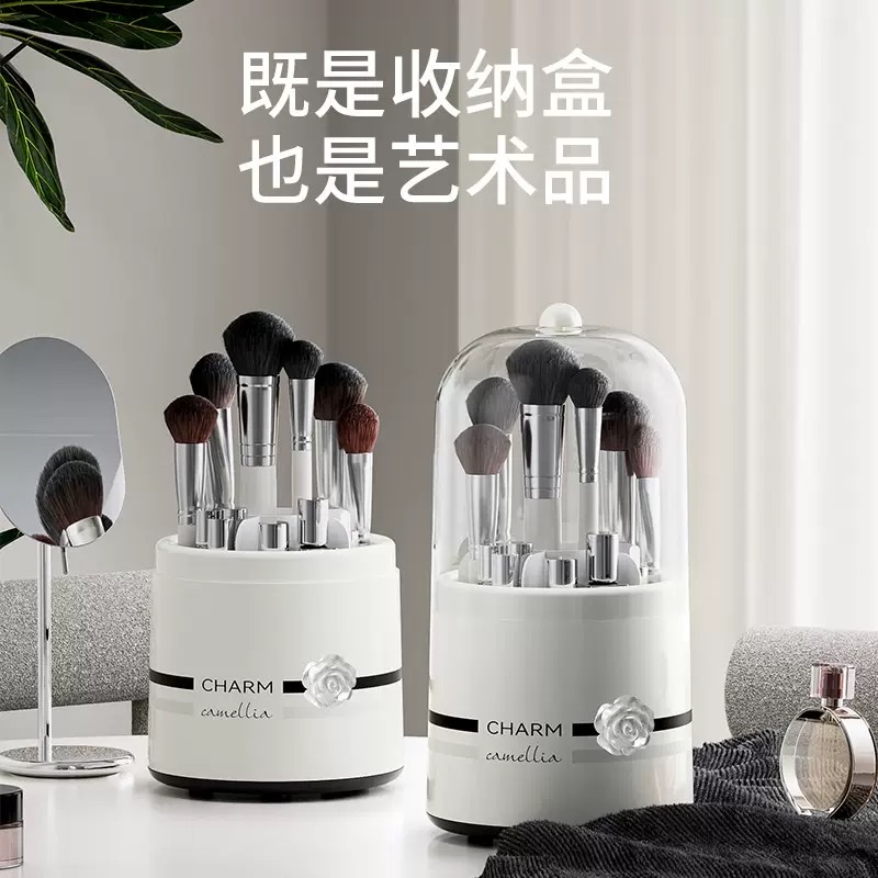 Camellia high-end makeup brush storage bucket, large-capacity lipstick shelf, dust-proof rotating cylinder, desktop cosmetics storage box detail image 3
