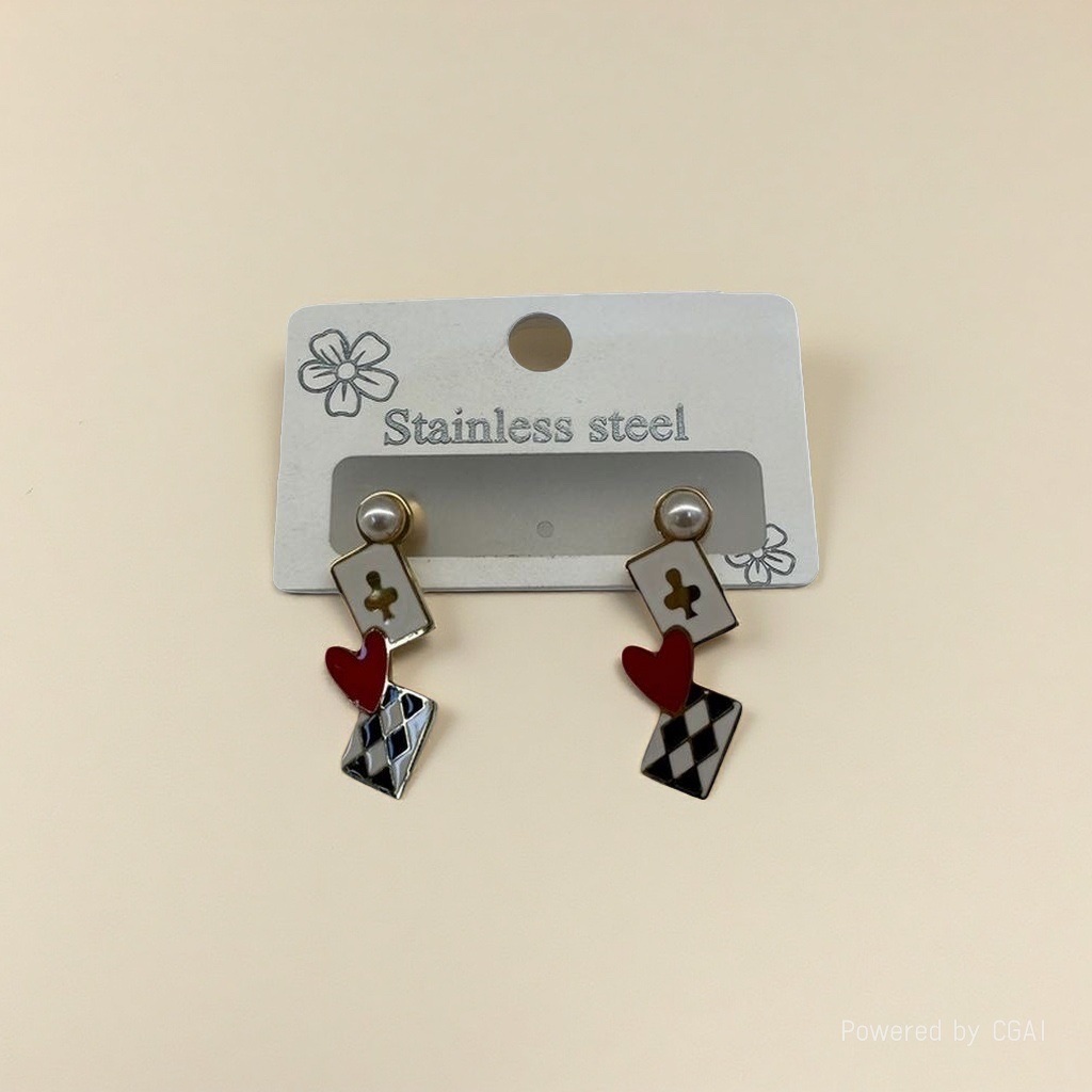 Cross-border bestseller stainless steel playing card stud earrings, fun Alice in Wonderland earrings, asymmetrical heart-shaped diamond-shaped pearl earrings, sweet, cool and versatile accessories for girls