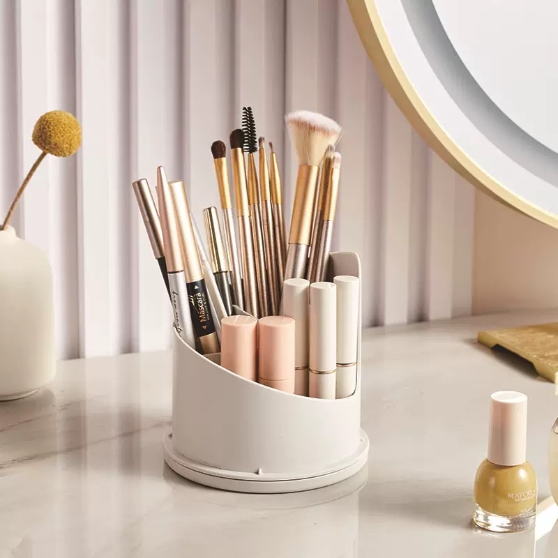 Cosmetics storage box, makeup brush storage bucket, plastic stationery rotating pen holder, large-capacity covered lipstick shelf Specification image