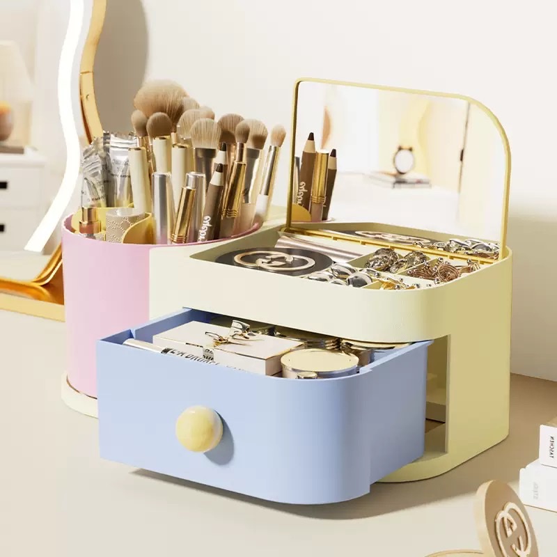 High-end color multi-functional storage box, flip mirror, rotating makeup storage box, student desk, creative and cute Application Scenario