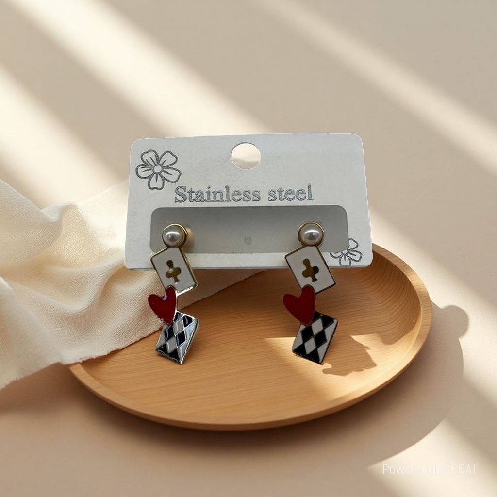 Cross-border bestseller stainless steel playing card stud earrings, fun Alice in Wonderland earrings, asymmetrical heart-shaped diamond-shaped pearl earrings, sweet, cool and versatile accessories for girls details Picture