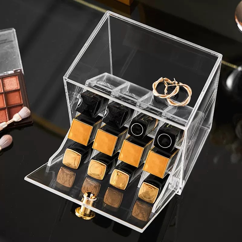 12-compartment golden buckle light luxury creative lipstick box, transparent makeup brush storage box, dressing table desktop dust-proof flip cover, compartmentalized storage rack details Picture