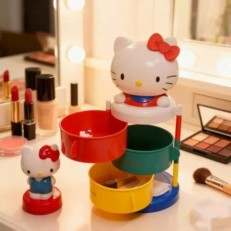 Large-sized high-quality cartoon cat storage box with a three-layer rotating opening for kt jewelry box and dressing table storage Application Scenario