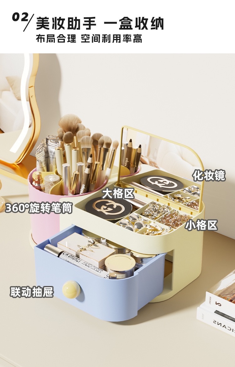 High-end color multi-functional storage box, flip mirror, rotating makeup storage box, student desk, creative and cute detail image 5