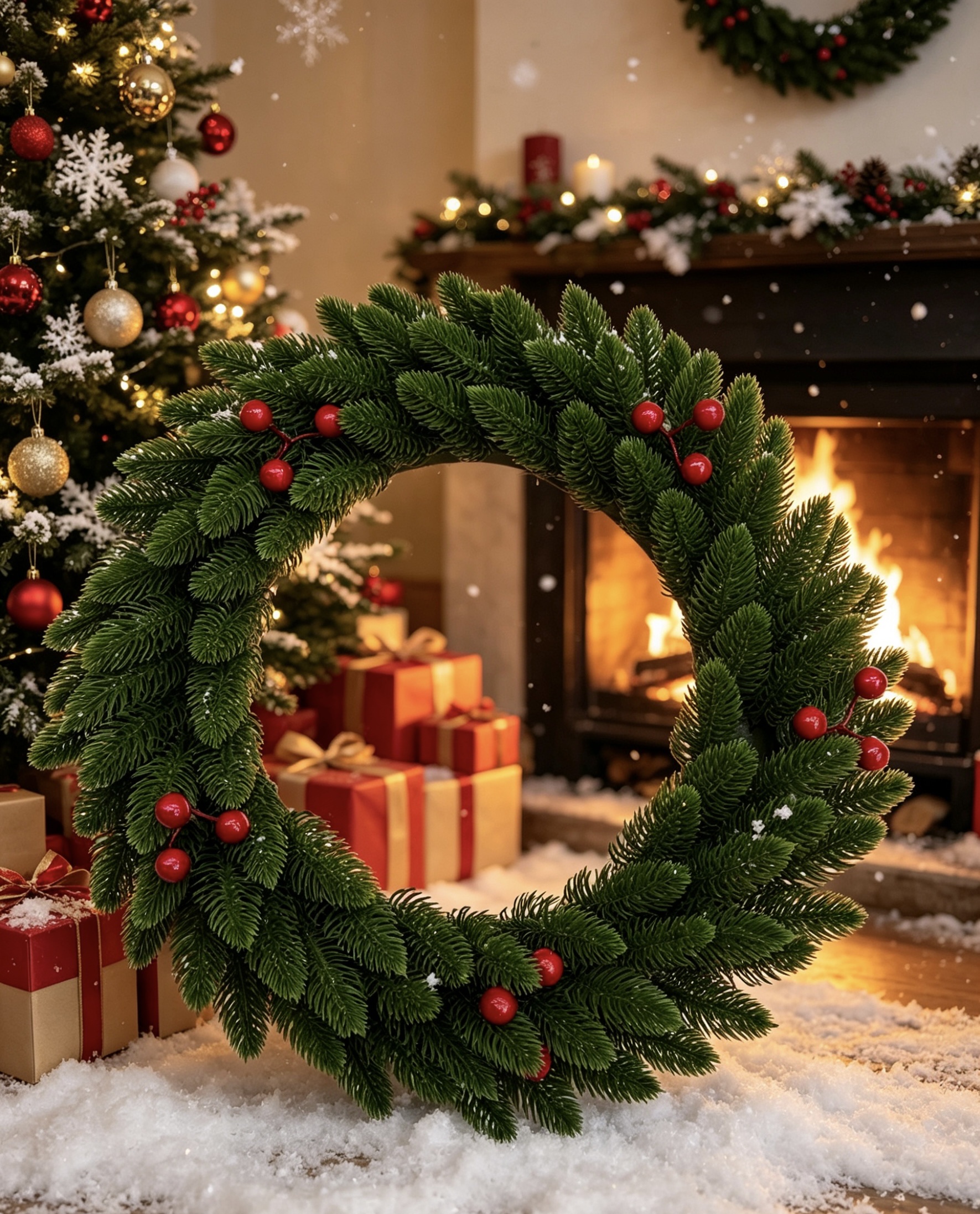 4 0 C m P E Head Christmas decorative wreath, colorful light, bow, pinecone, bell wreath, Christmas pendant, window display, Christmas scene detail image 6
