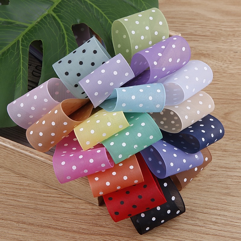 A fashionable and cute hair accessory ribbon set decorated with colorful polka dot ribbons Specification image