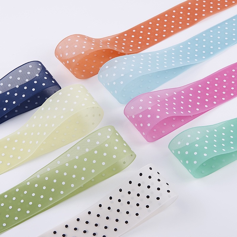 A fashionable and cute hair accessory ribbon set decorated with colorful polka dot ribbons Item Picture