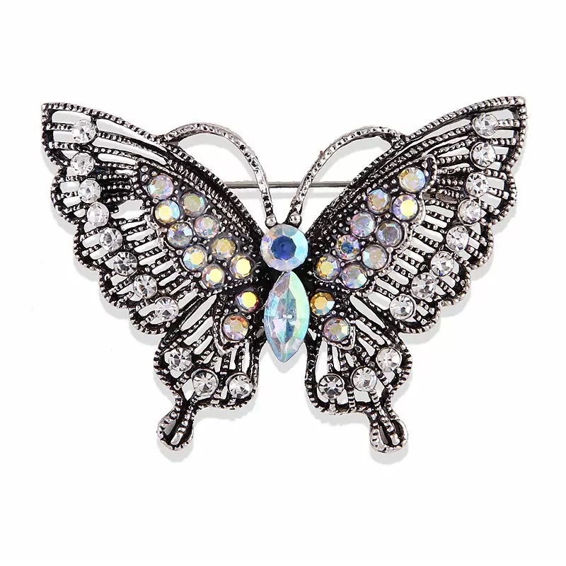 European and American fashion, individual, retro alloy, diamond-encrusted crystal, hollowed-out butterfly brooch women's clothing accessories detail image 6