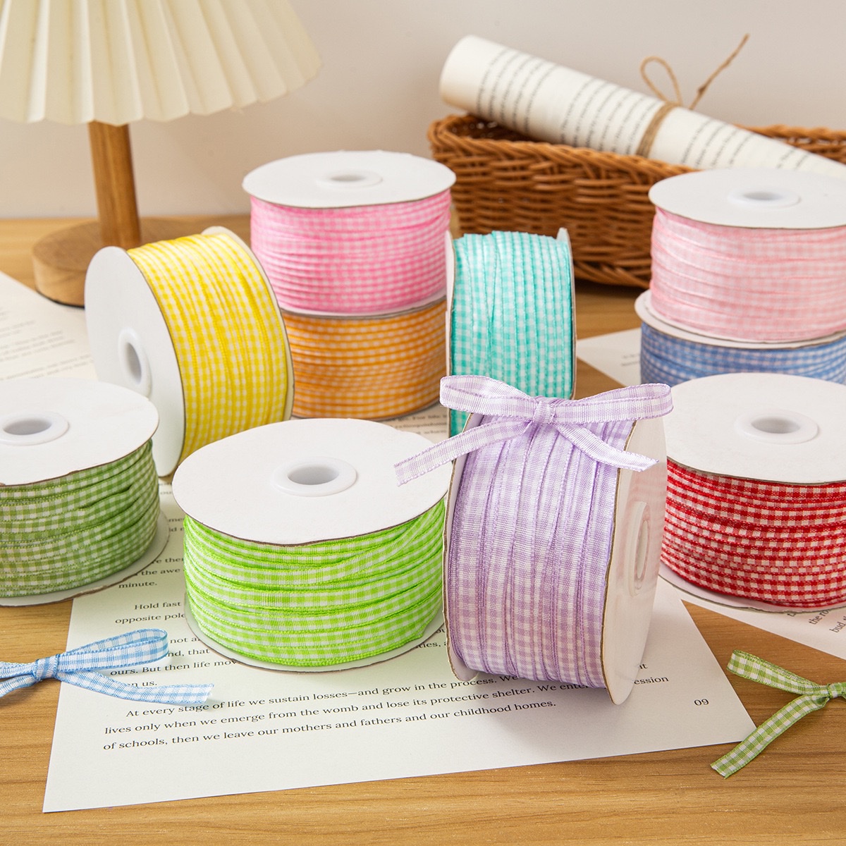 Checkered ribbons, baking packaging ribbons, diy handmade hair accessories, flower ribbons, flower bouquets, binding straps, decorative materials, wedding details Picture