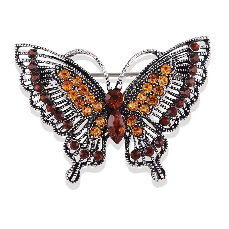 European and American fashion, individual, retro alloy, diamond-encrusted crystal, hollowed-out butterfly brooch women's clothing accessories detail image 7