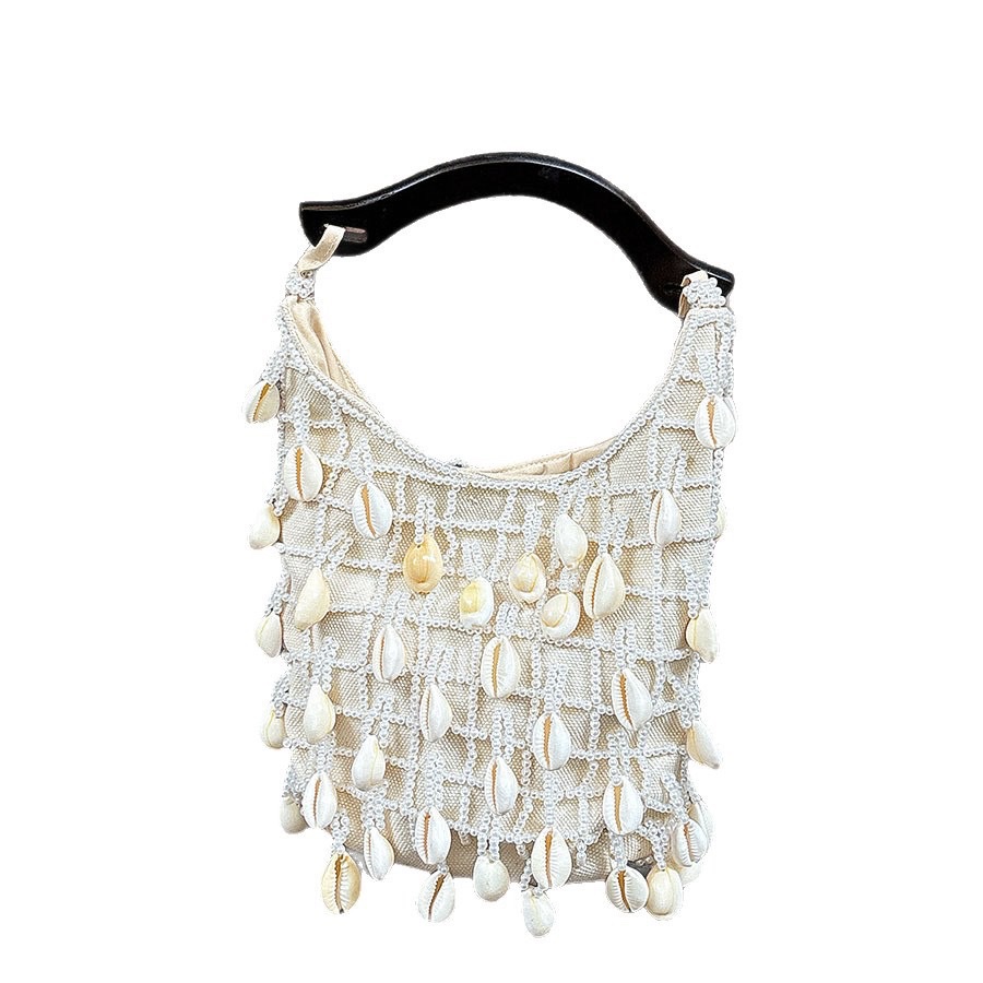 French-style small fragrance flower shell beaded cream bag for autumn and winter, simple single-shoulder bag, solid wood handbag detail image 6