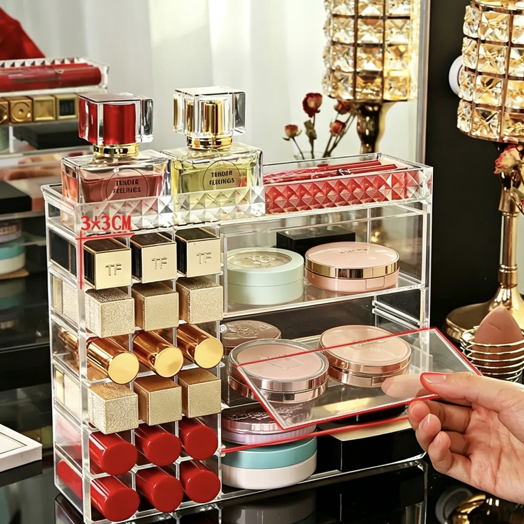 Lipstick storage rack, multi-layered separated makeup storage box, desktop shelf, beauty tool storage box