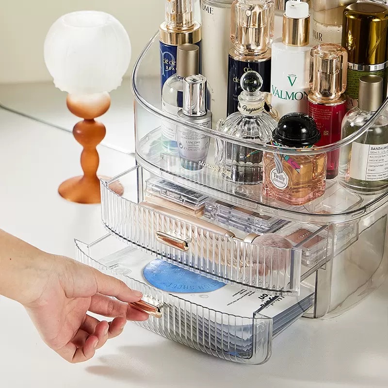 Cosmetics storage box, popular light luxury desktop, large-capacity dust-proof storage rack, skin care product compartmentalized storage box Specification image