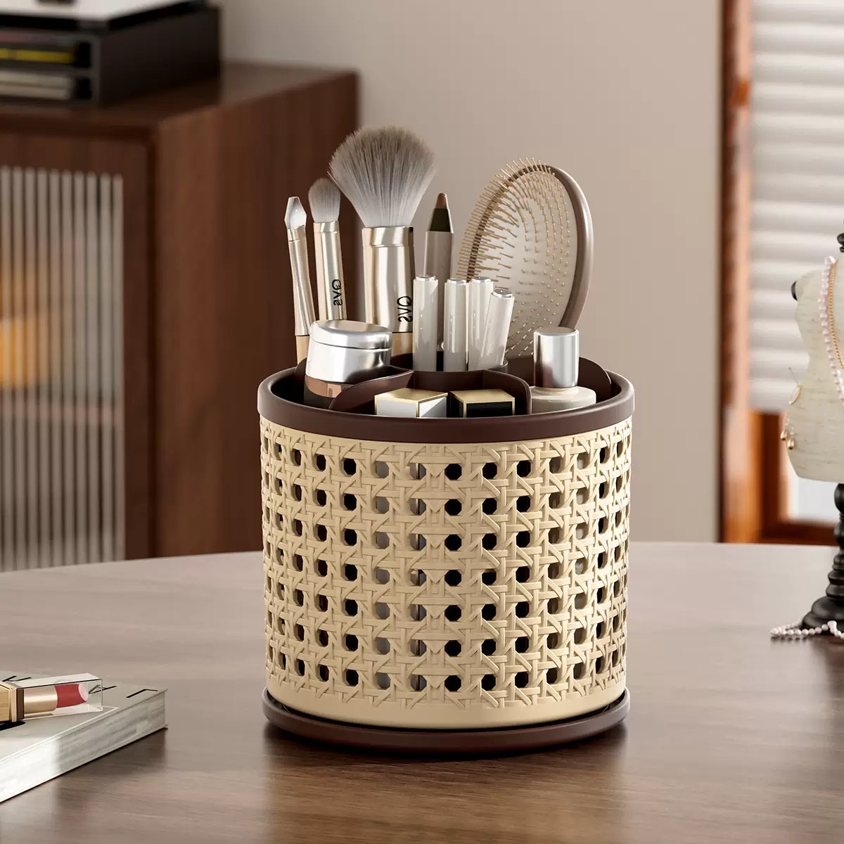 Chinese-style dressing table, lipstick and eyeshadow storage rack, desktop pen holder, rotating, large-capacity, compartmentalized makeup brush storage cylinder details Picture