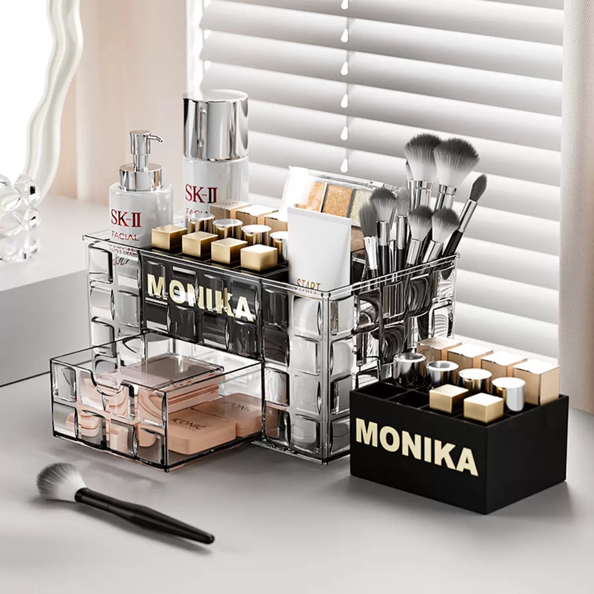Desktop cosmetics storage box, ice grain texture makeup brush bucket, compartmentalized drawer, dressing table, skin care products shelf Specification image