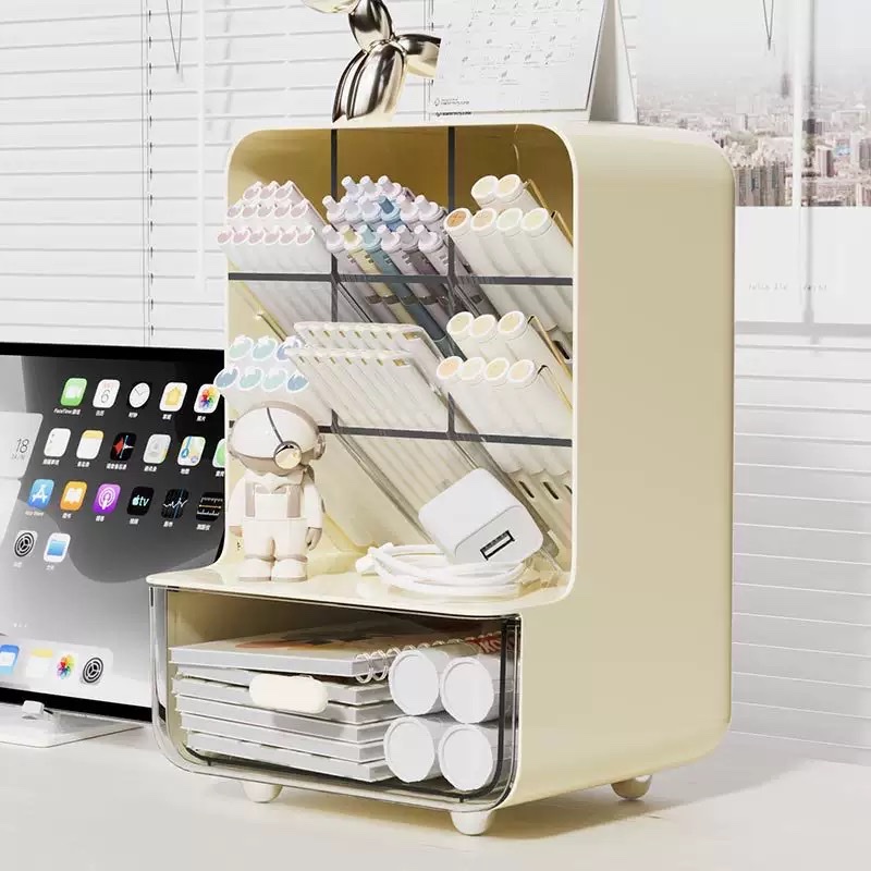 Slanting pen holder storage box, multi-layer large-capacity with drawer, desktop student pen case, office desk stationery storage rack details Picture