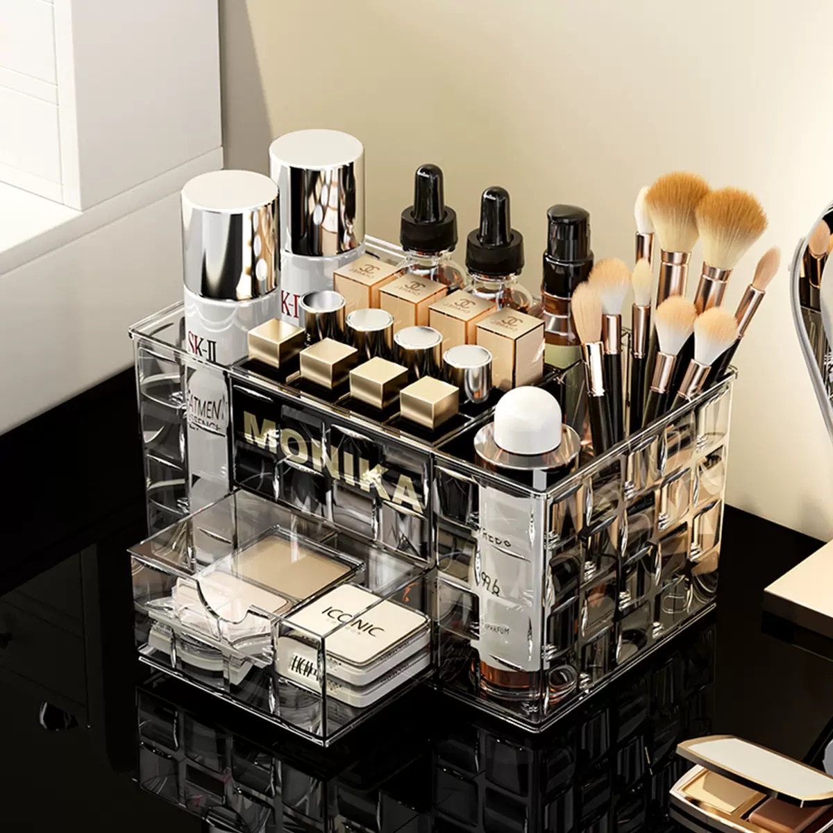 Desktop cosmetics storage box, ice grain texture makeup brush bucket, compartmentalized drawer, dressing table, skin care products shelf details Picture